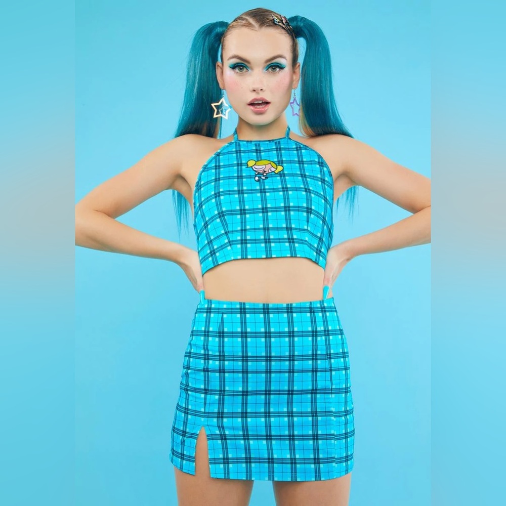 Dolls kill x Powerpuff girls Bubbles plaid skirt set